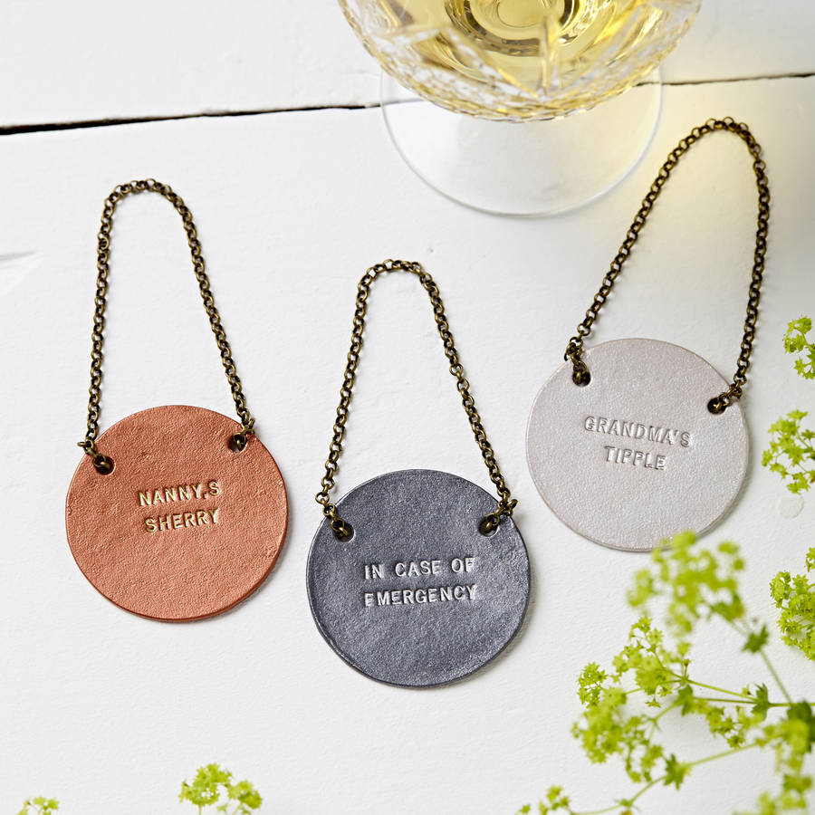 personalised metallic leather bottle tag by parkin & lewis