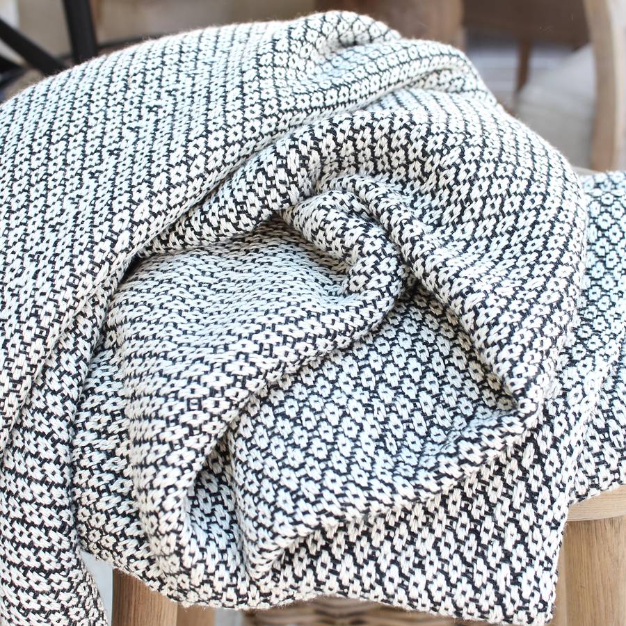 black and cream woven cotton throw by marquis & dawe