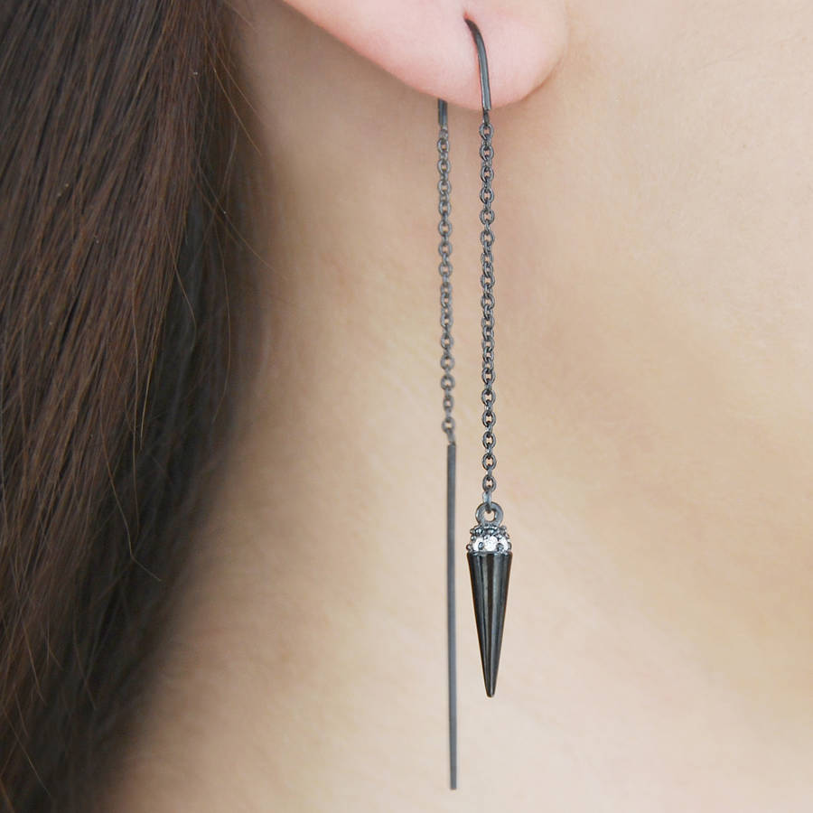 oxidised silver diamond spike chain threader earrings by embers