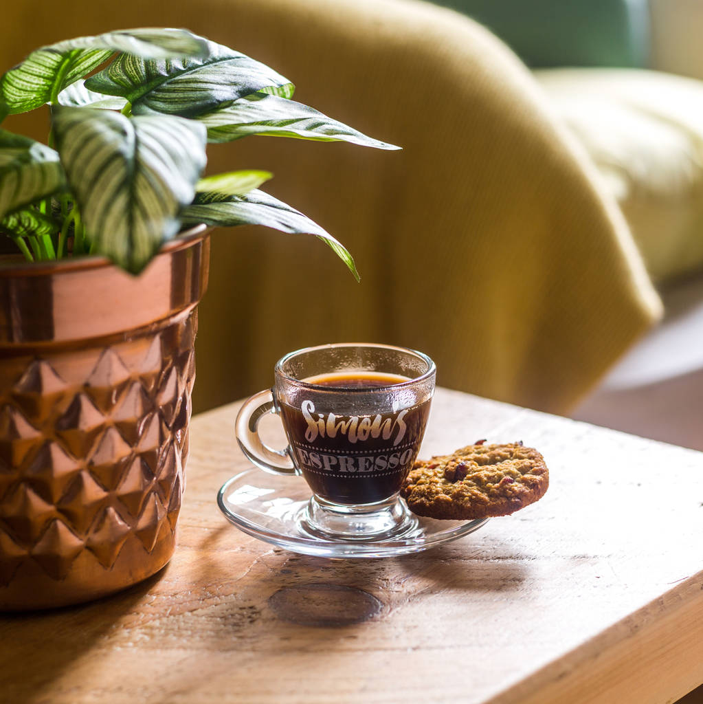 personalised engraved glass espresso cup and saucer by chalk and cheese