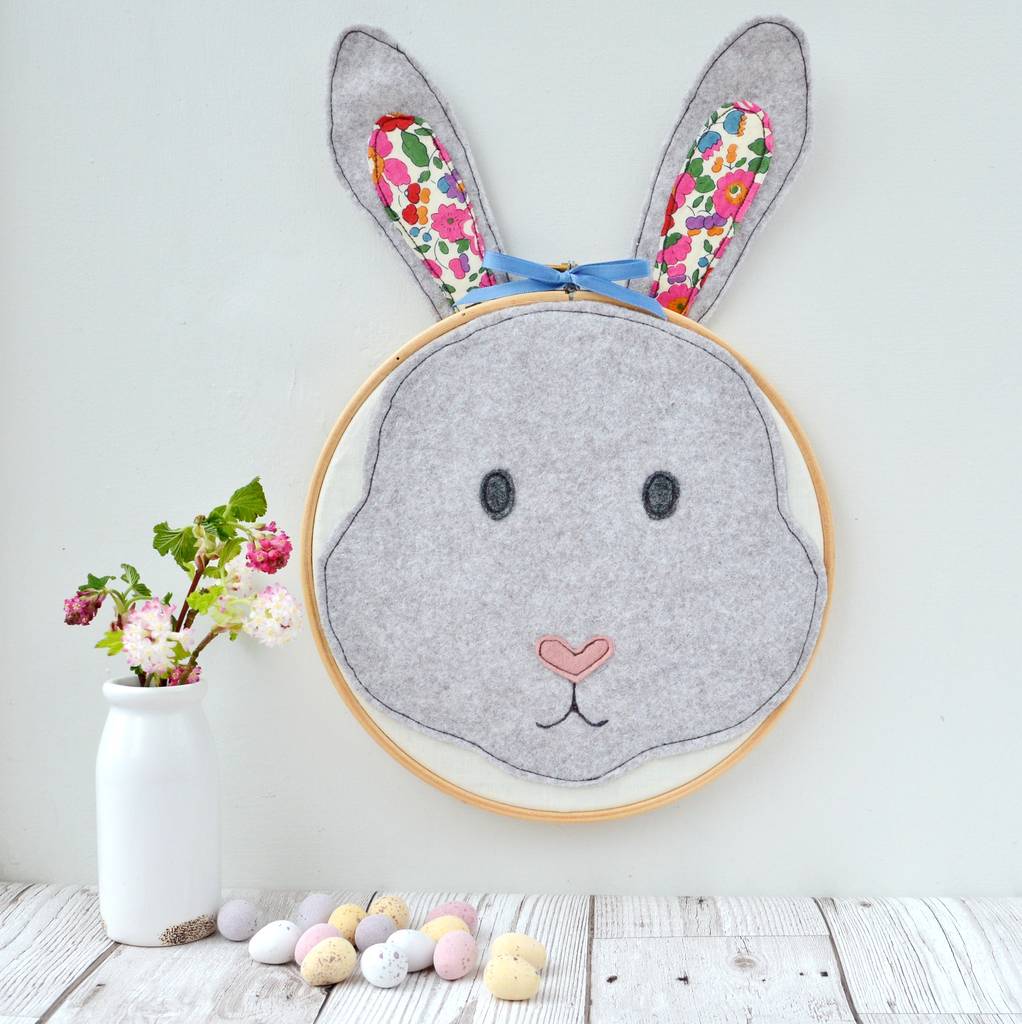 handmade rabbit head embroidery hoop by pins and needles