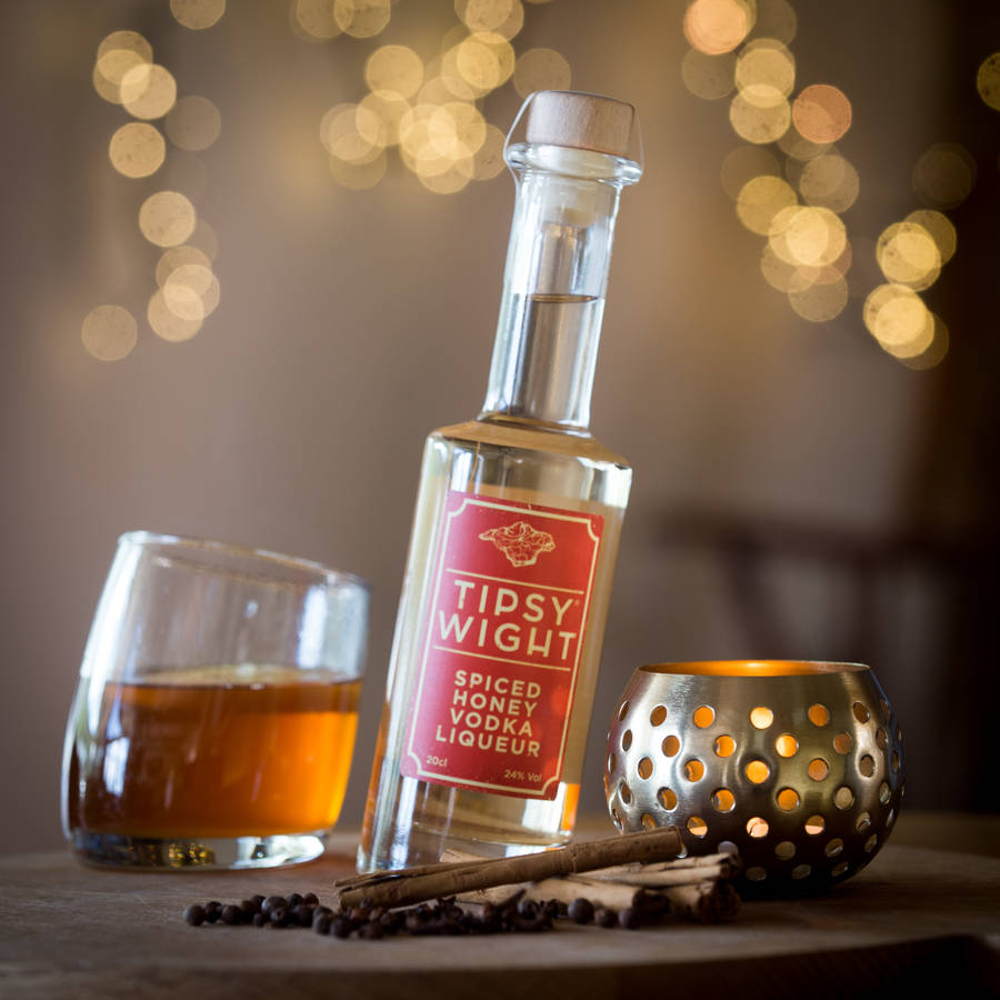 spiced honey vodka liqueur and two shot glasses by tipsy wight
