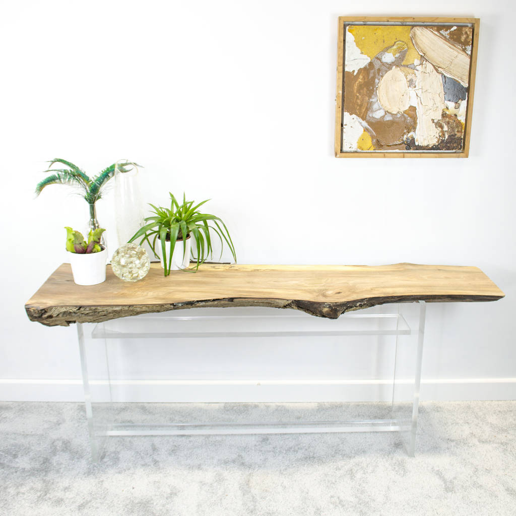 natural live edge slab console table on perspex base by frances bradley