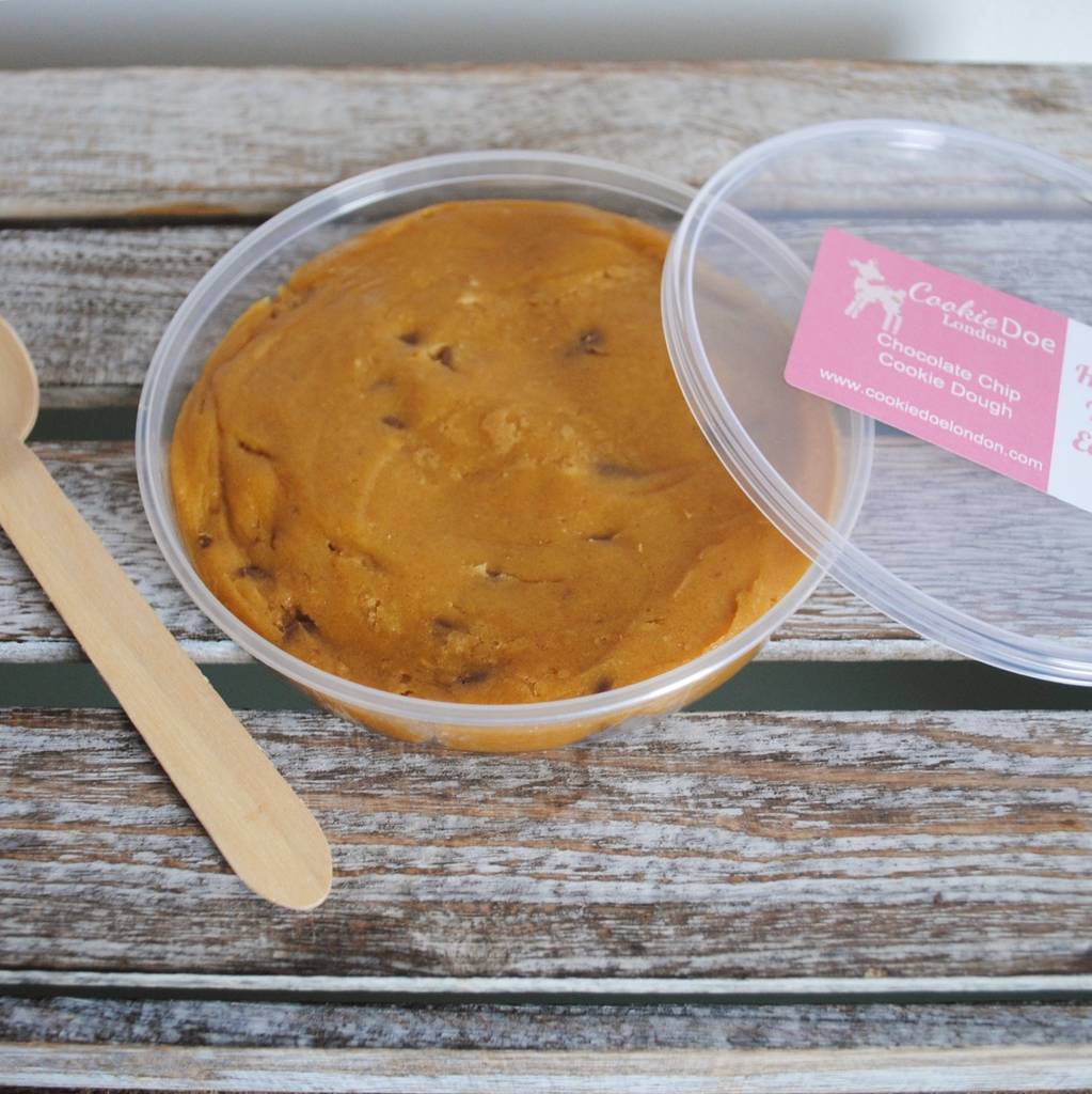 set of four chocolate chip cookie dough tubs by cookie doe london