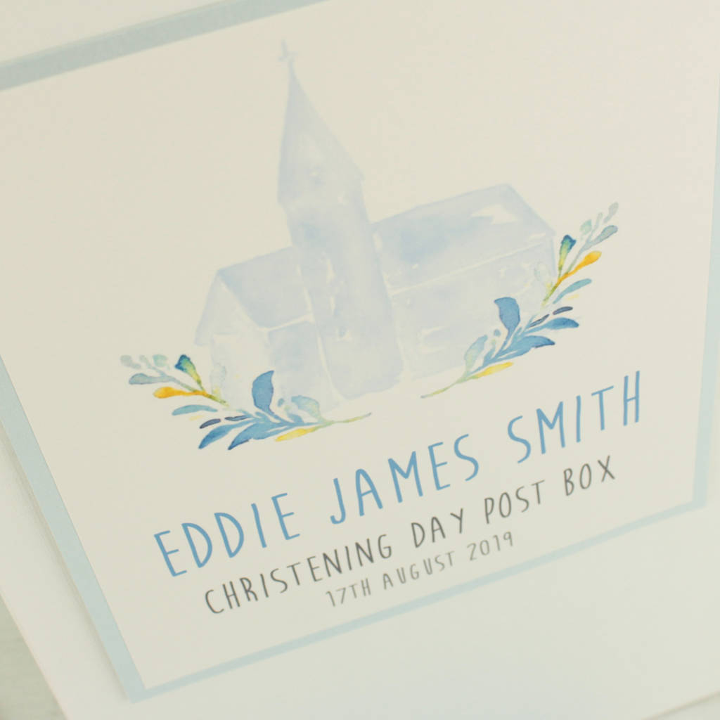 personalised watercolour church christening post box by dreams to
