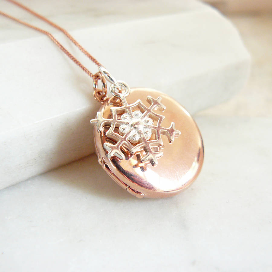 personalised rose gold locket with snowflake charm by lime tree design