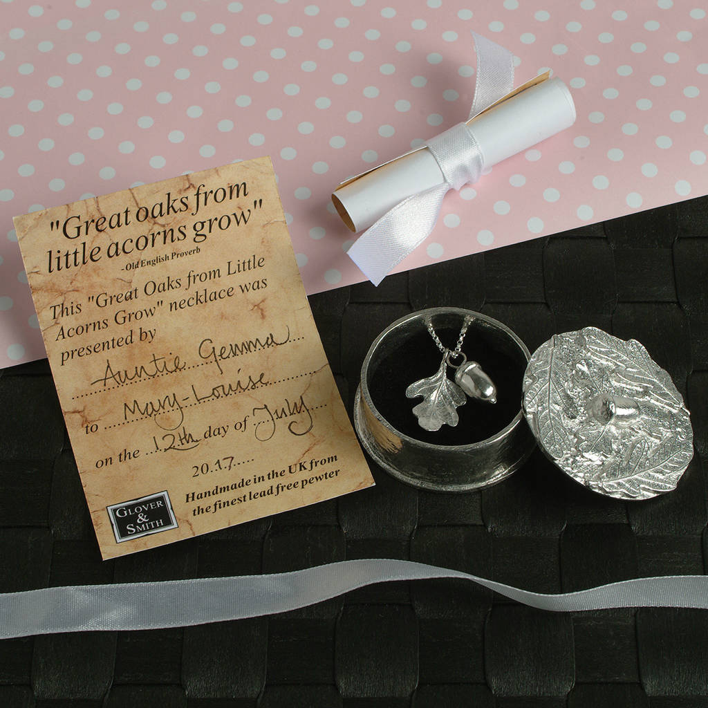 christening gifts necklace in a personalised acorn box by glover and smith