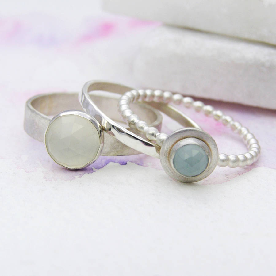 moonstone and aquamarine stacking rings by soremi jewellery