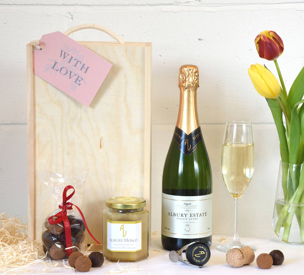 english sparkling wine gift box, honey and chocolates by albury organic