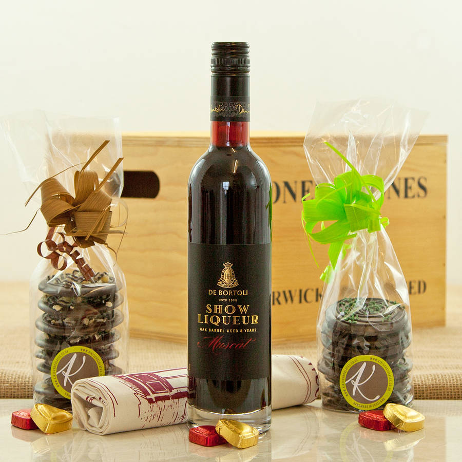 muscat dessert wine and artisan chocolate gift hamper by jones and