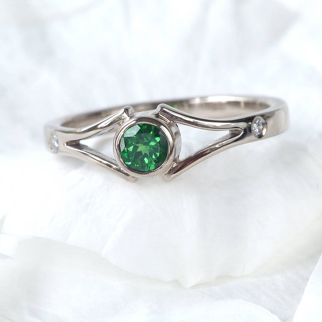 Tsavorite & Diamond Ring In 18ct White Gold By Lilia Nash Jewellery 