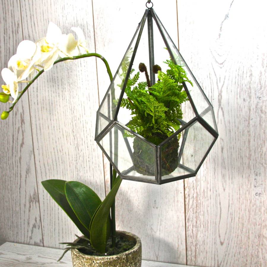 geometric hanging terrarium with faux fern by london garden trading
