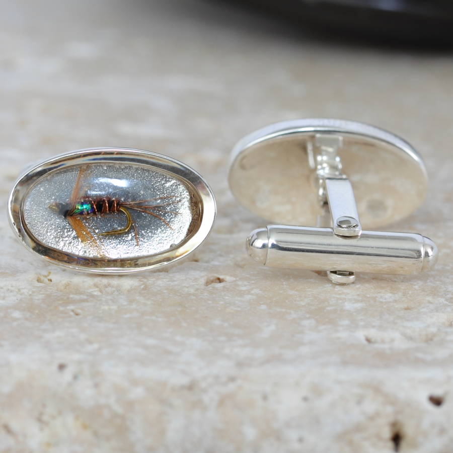 solid silver fishing fly cufflinks by sophie hutchinson designs