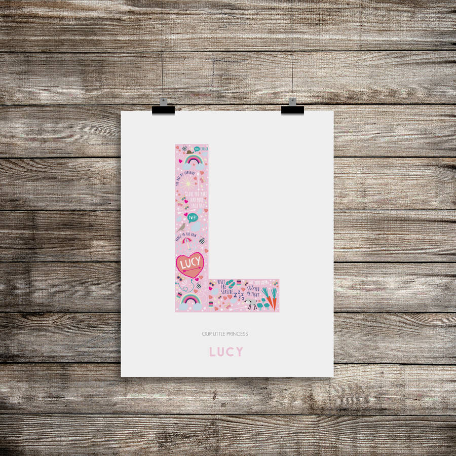 girls personalised happiness alphabet initial print by rocks design