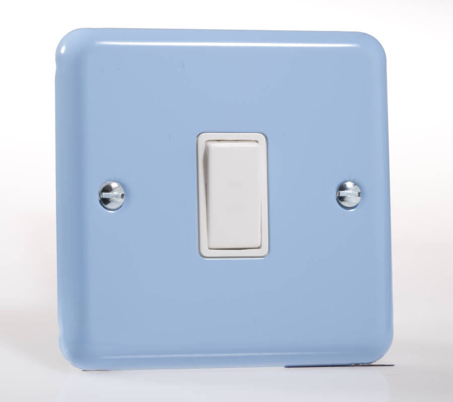 retro duck egg blue metal light switch and plug sockets by candy queen designs