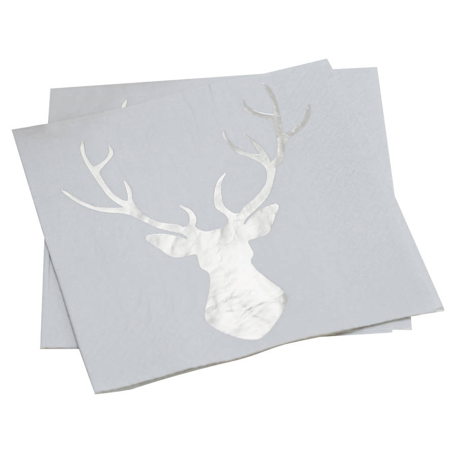 grey and silver foiled stag christmas napkin by ginger ray