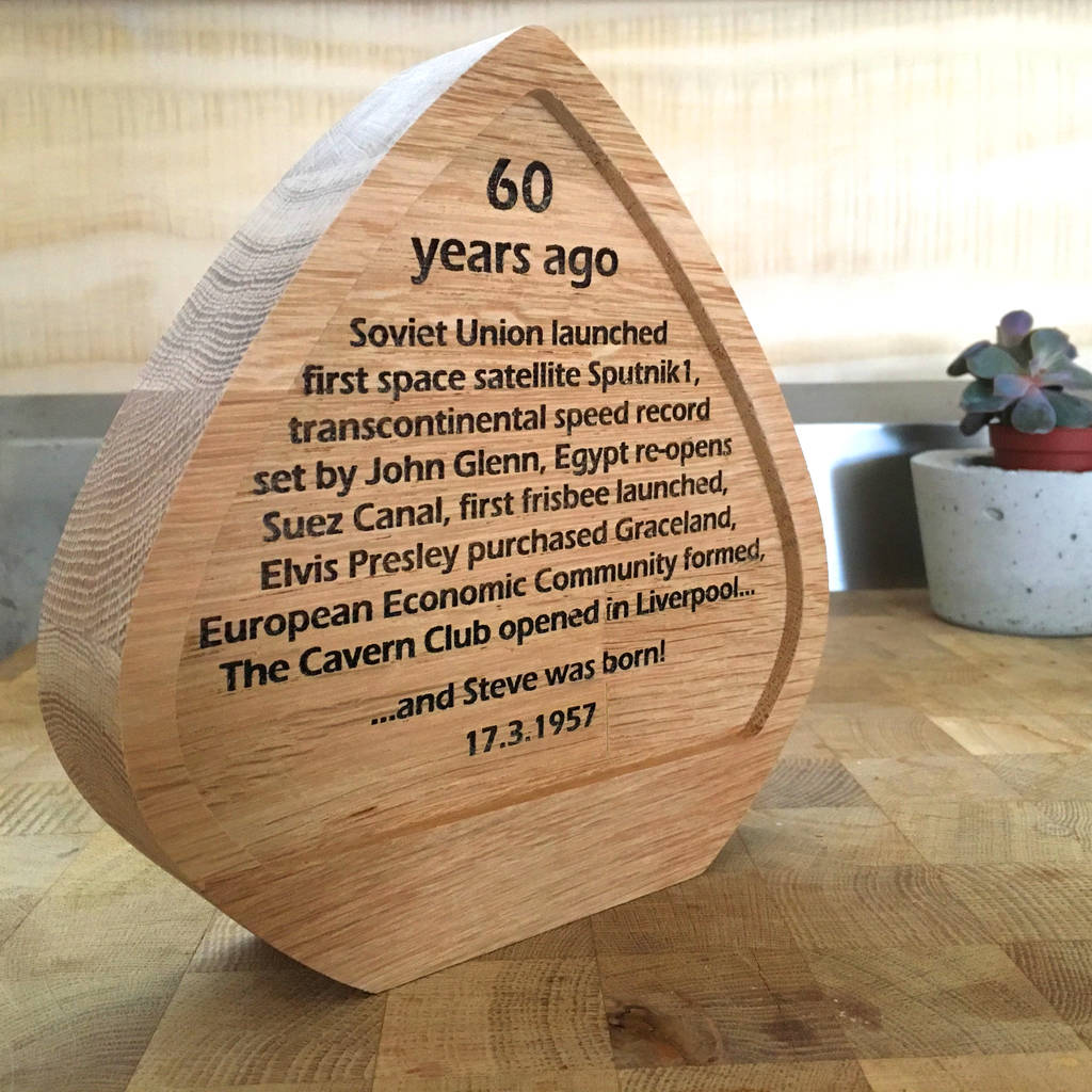 personalised oak 60th birthday anniversary award plaque by cleancut