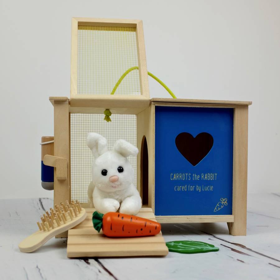 personalised rabbit hutch toy with accessories by auntie mims