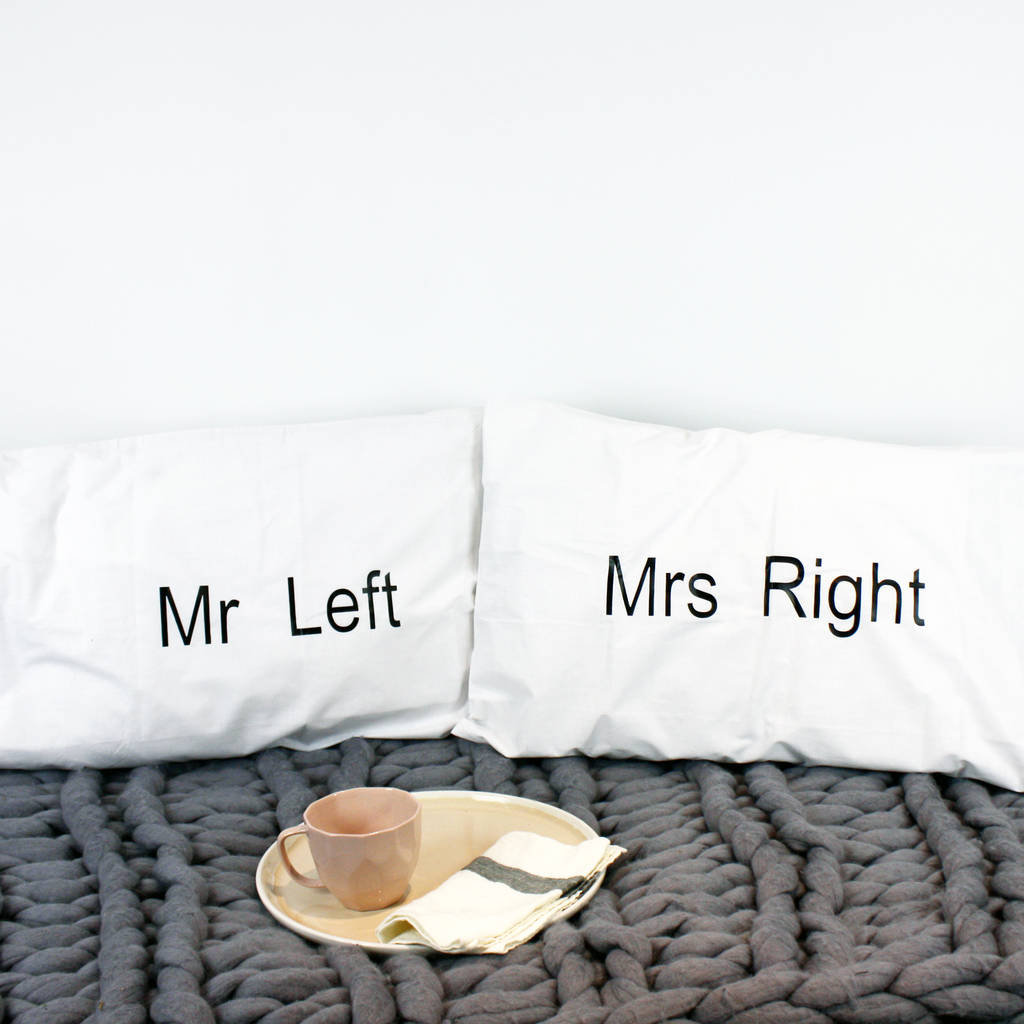mr left and mrs right pillow case pair by pink biscuits