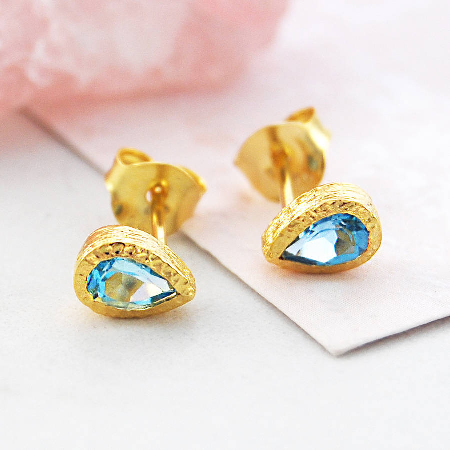 Gold Blue Topaz Tear Drop Stud Earrings By Embers Gemstone Jewellery