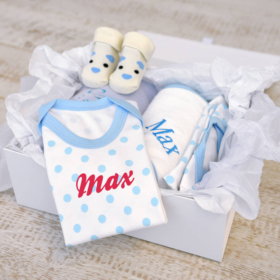 personalised new baby boy gift hamper by a type of design