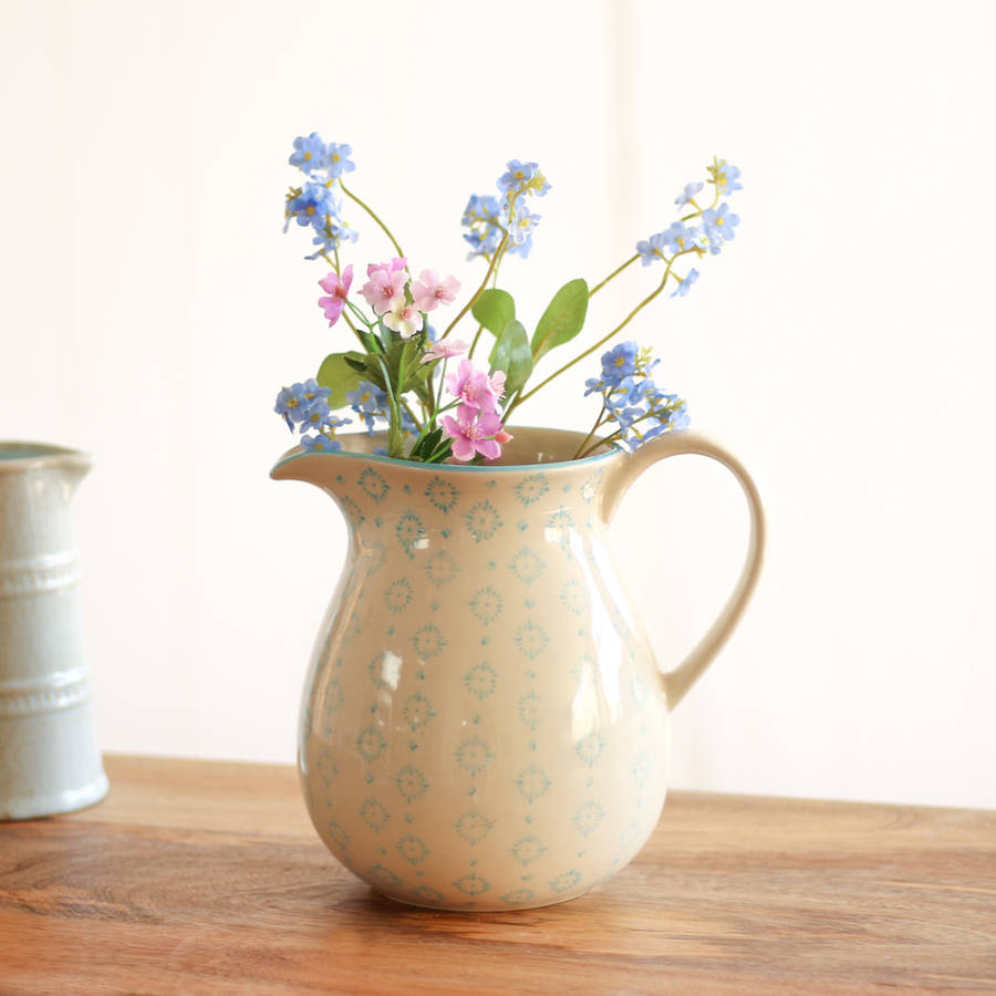 rich cream and petal blue hand painted decorative jug by dibor