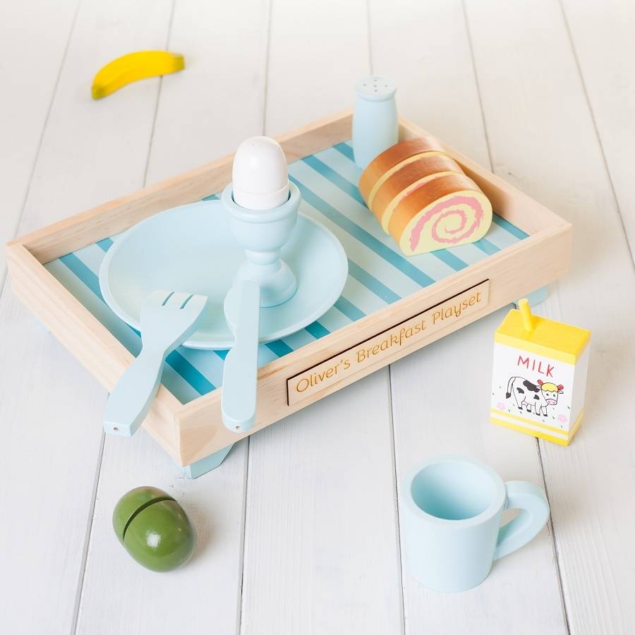 personalised blue wooden play kitchen breakfast set by british and