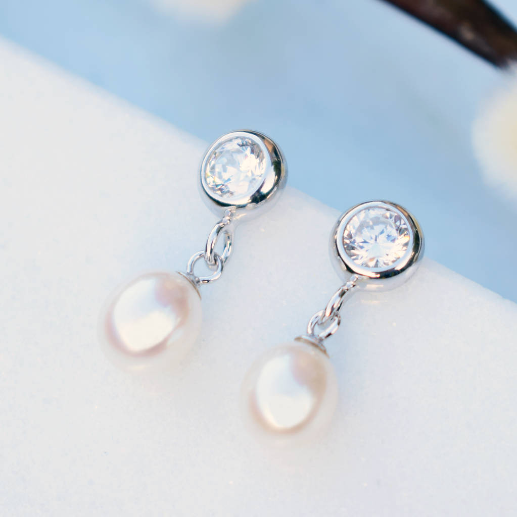 bezel cubic zirconia and pearl drop earrings by katherine swaine