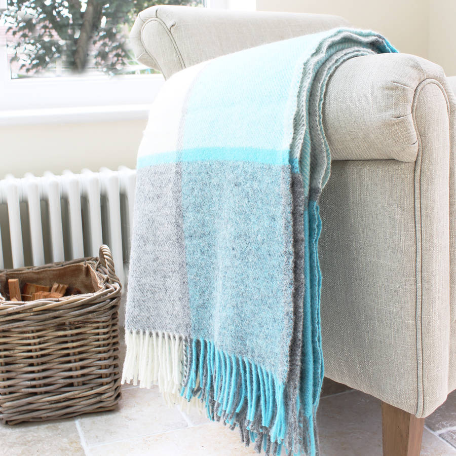 penbryn blue and grey check wool throw by marquis & dawe