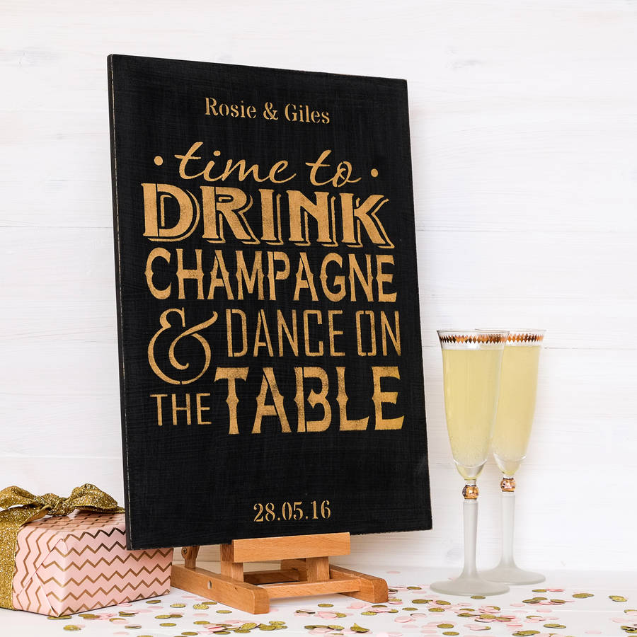 personalised time to drink champagne chalkboard sign by the painted