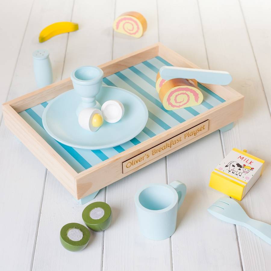 personalised pale blue wood play kitchen breakfast set by british and