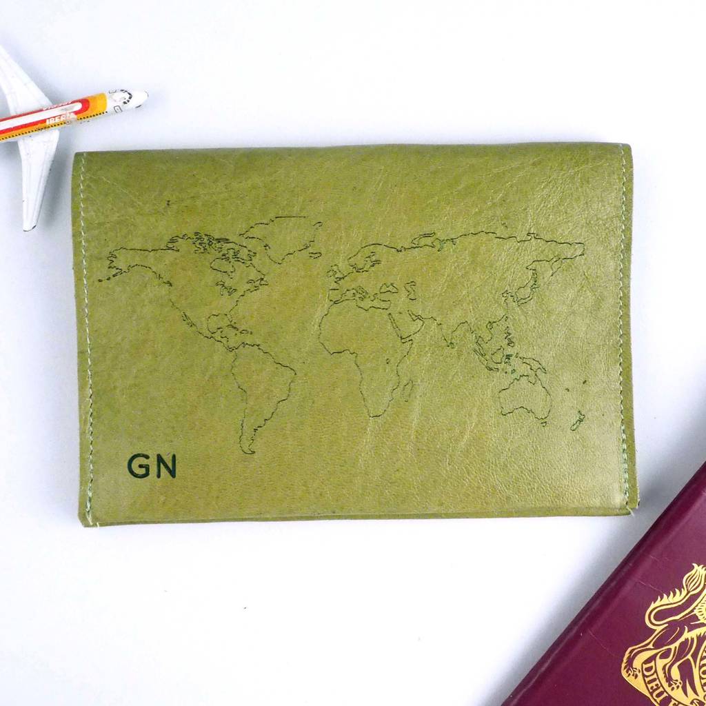 personalised leather passport holder with world map by stabo