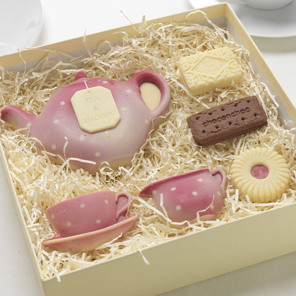 chocolate tea set with chocolate biscuits by choc on choc