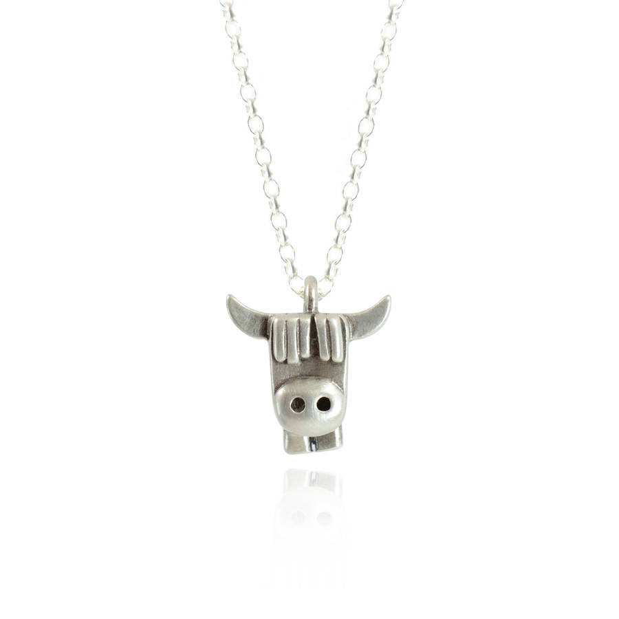 'quirk' highland cow face silver necklace by bug