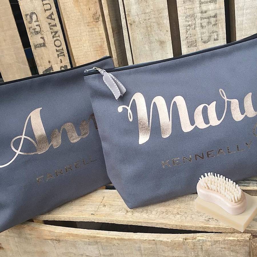 personalised 'bronze font' grey luxury wash bag by lovehart