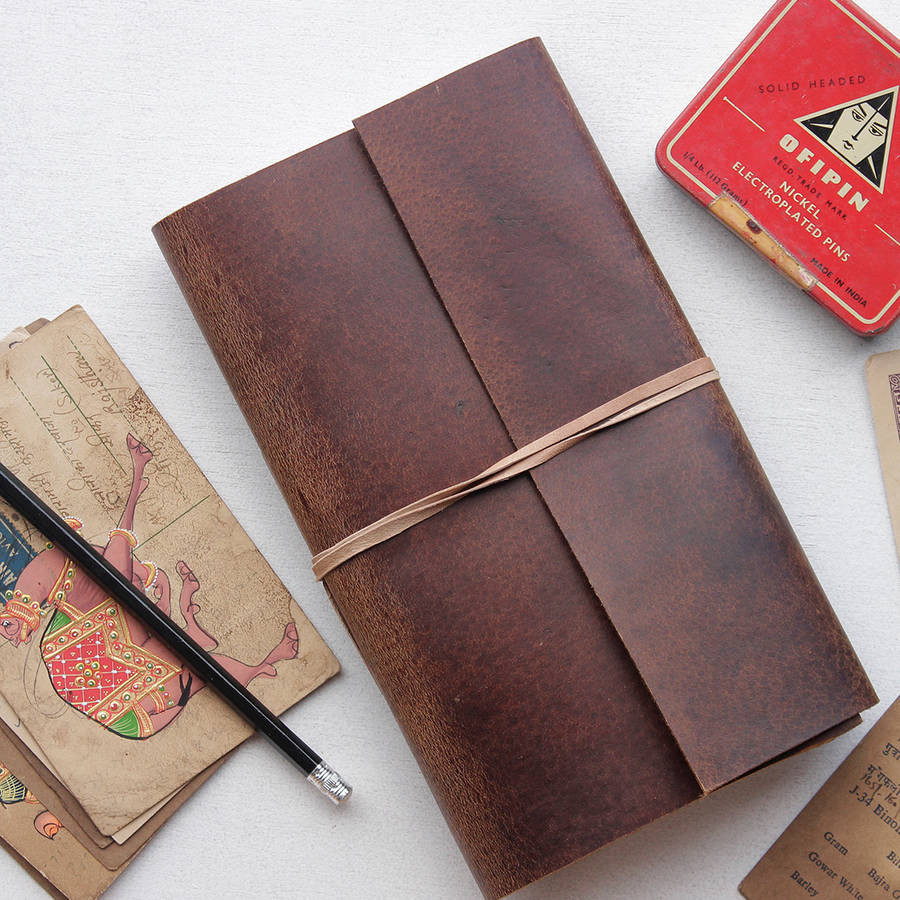 personalised leather travel journal by scaramanga
