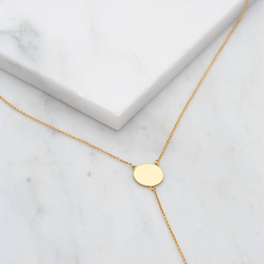 gold slider clasp disc drop necklace by scream pretty