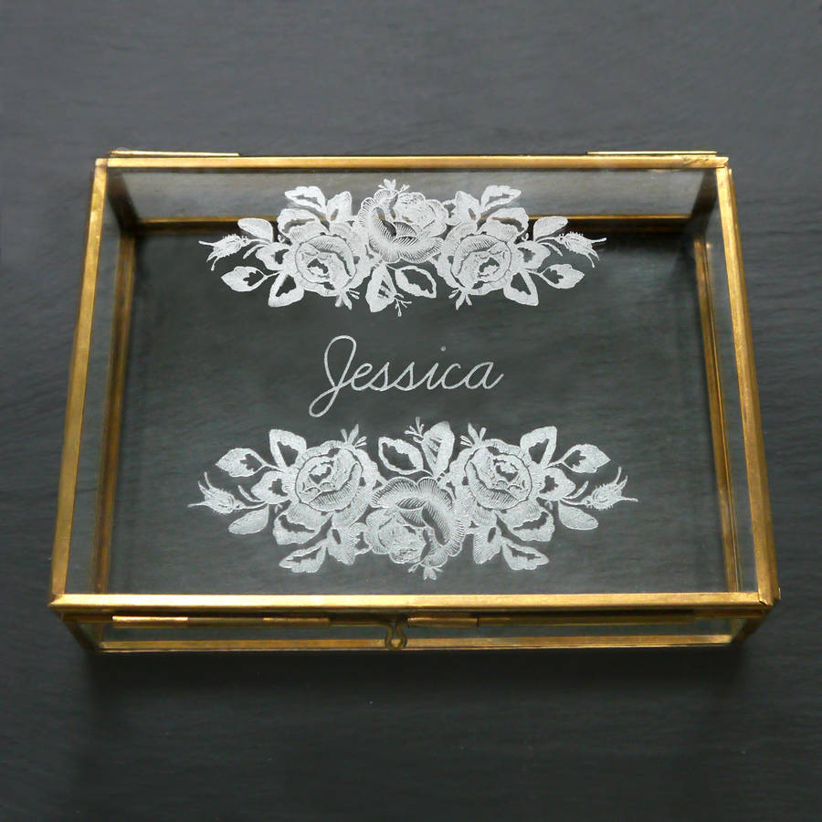 personalised rectangular glass keepsake box with roses by maria allen