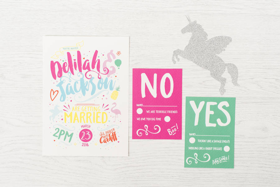 'rainbows and unicorns' wedding invitation by something kinda cute