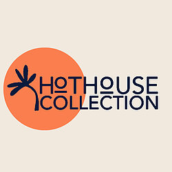 Hot House Collection Logo - Ecru background, orange circle with an indigo leaf shape and Hot House Collection written next to it.