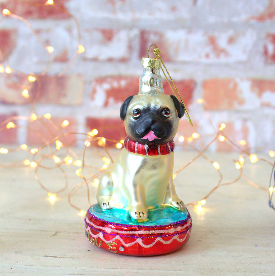 hand crafted pug glass christmas decoration by ella james