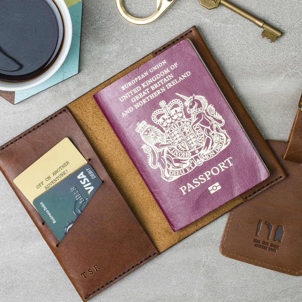 personalised leather passport holder by man gun bear
