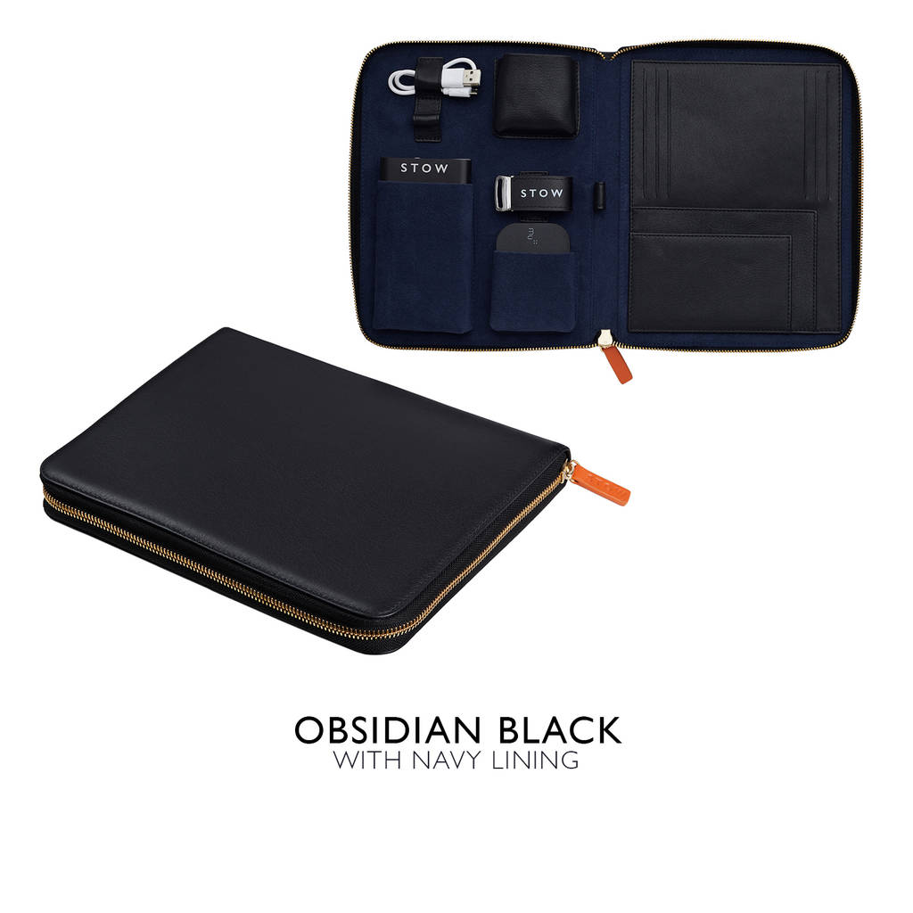 personalised luxury leather travel tech case for him by stow