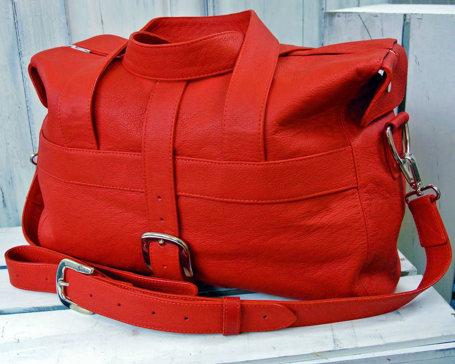 personalised handcrafted red leather overnight bag by freeload leather
