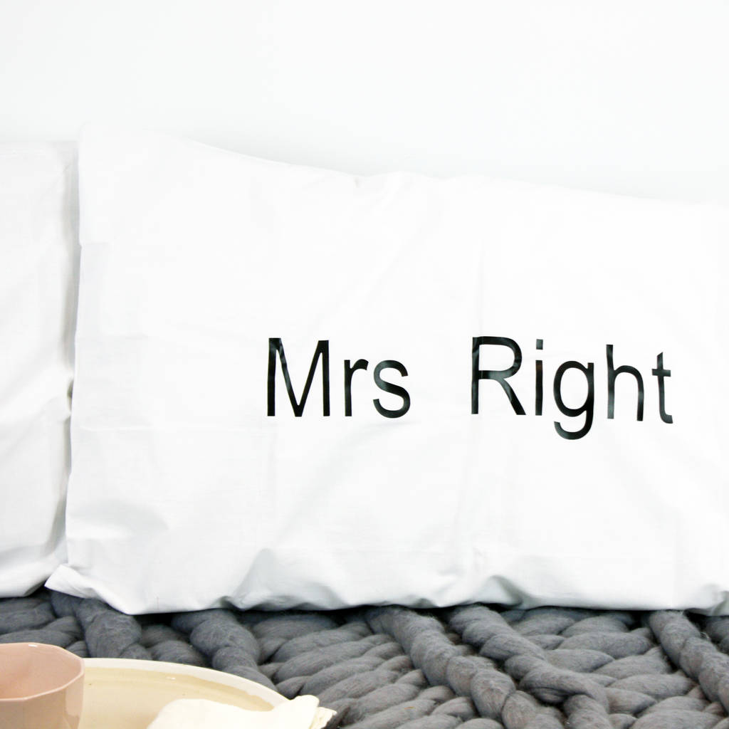 mr left and mrs right pillow case pair by pink biscuits