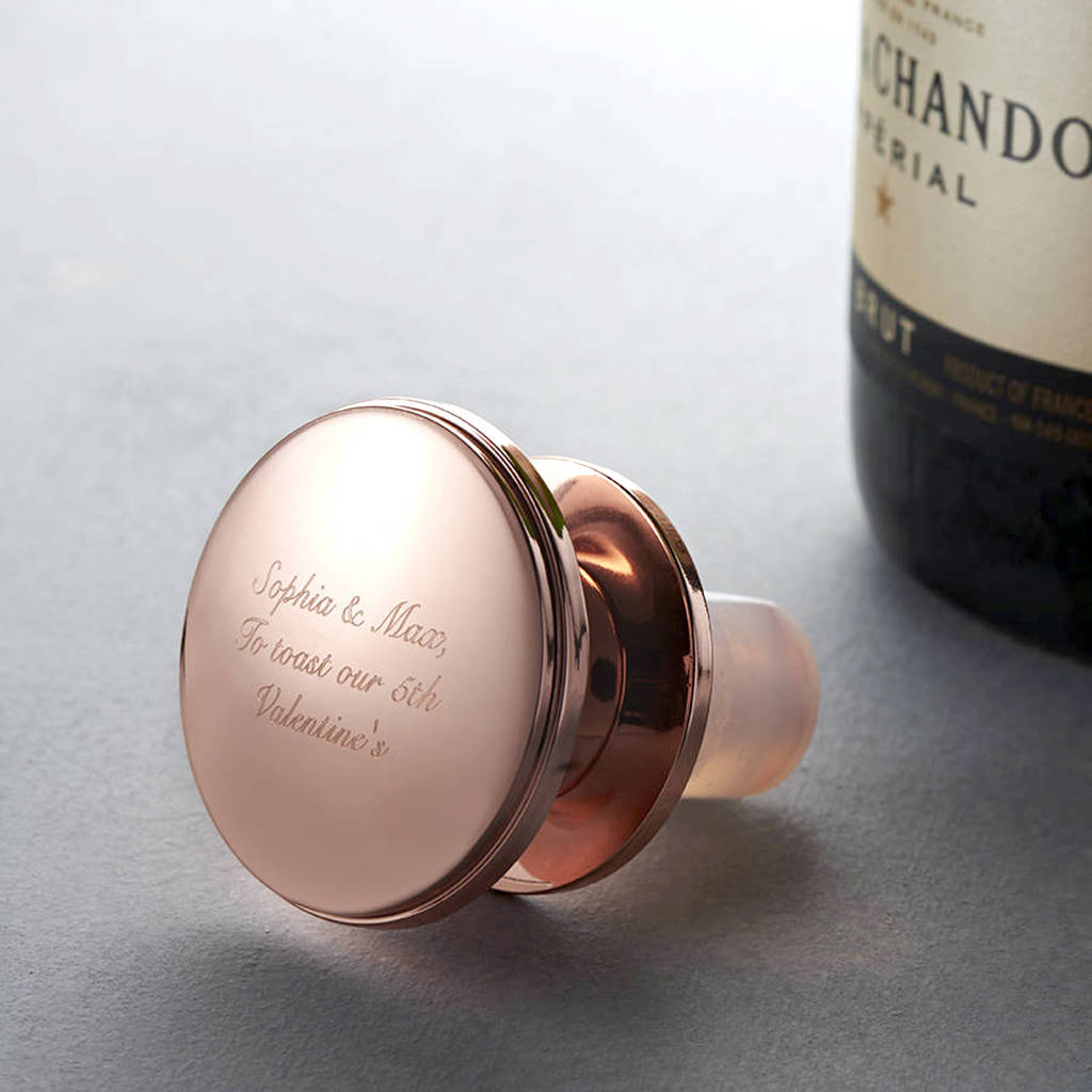 personalised rose gold wine bottle stopper by bloom boutique