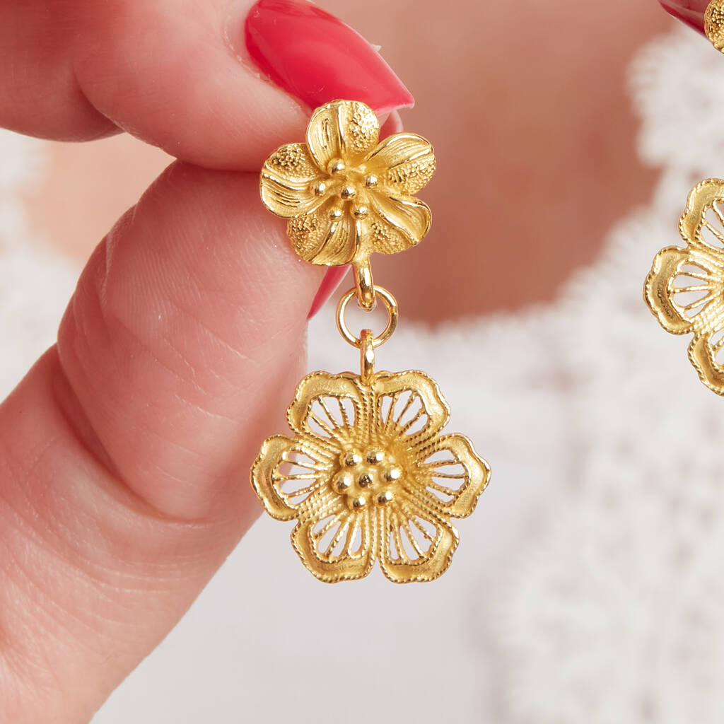 Gold Plated Filigree Double Drop Flower Stud Earrings By Rochejewels