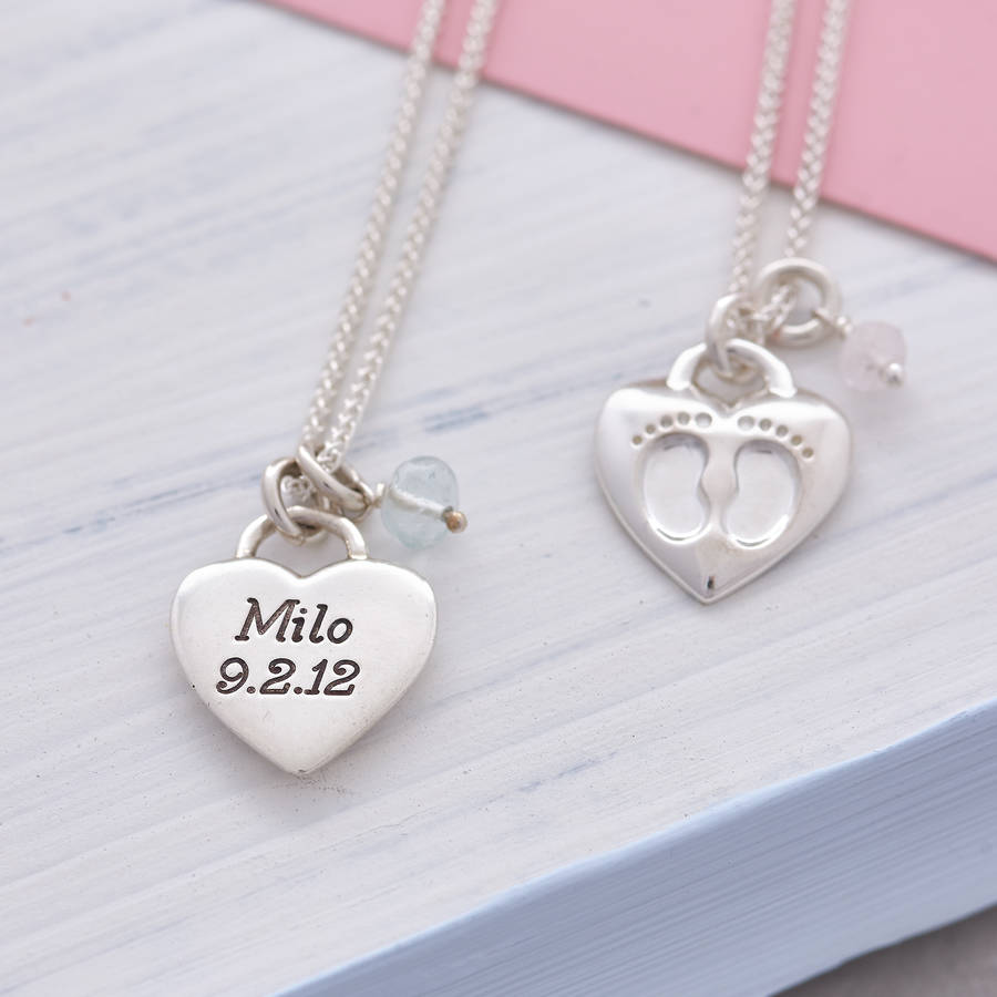 silver new baby footsteps personalised necklace by scarlett jewellery
