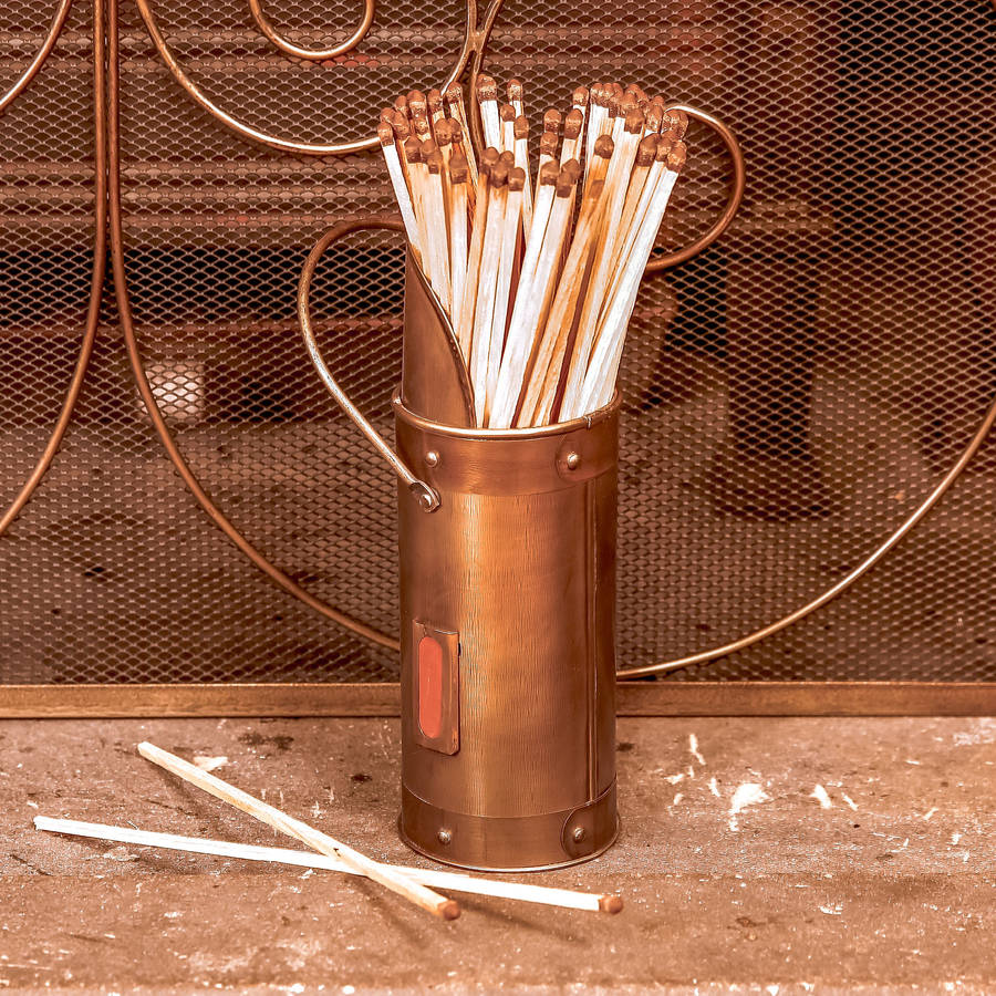 antique brass extra long fireside matches and holder by dibor