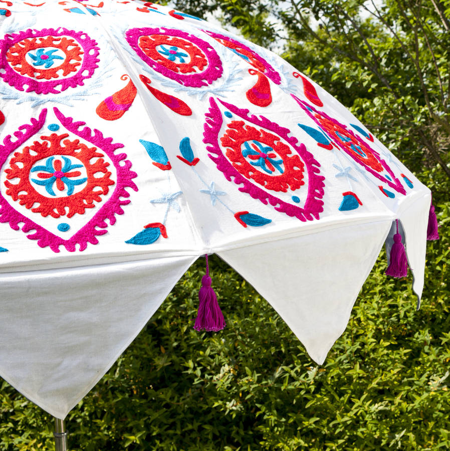 embroidered cotton indian inspired garden parasol by east london